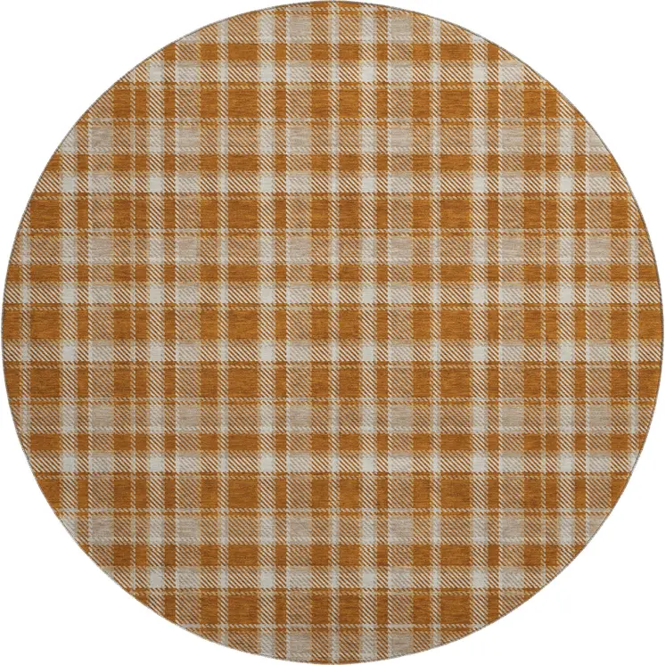 8' Rust And Ivory Plaid Washable Round Rug With UV Protection