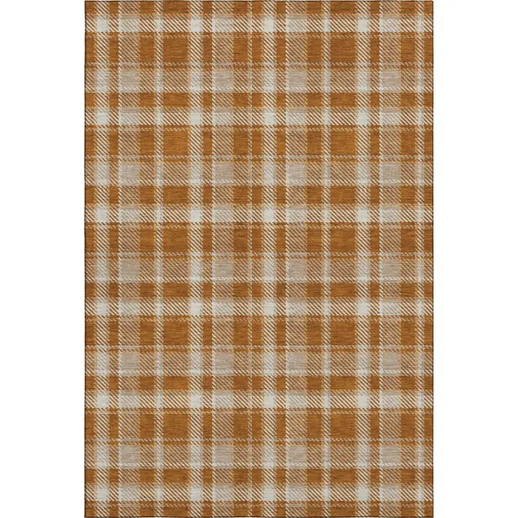 9' X 12' Rust And Ivory Plaid Washable Area Rug With UV Protection