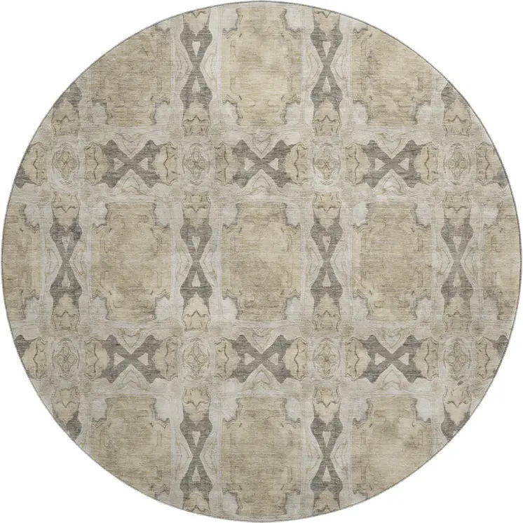8' Beige Gray And Ivory Floral Medallion Washable Round Rug With UV Protection