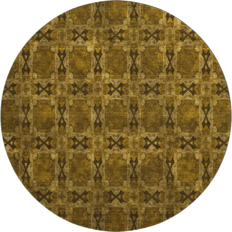 8' Chocolate And Gold Floral Medallion Washable Round Rug With UV Protection