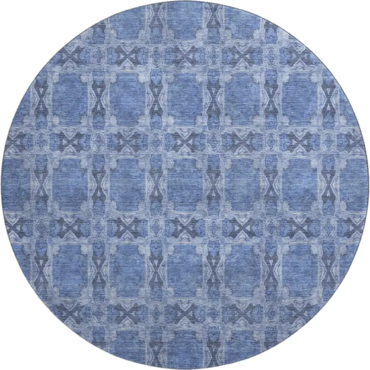 8' Denim Blue And Ivory Floral Medallion Washable Round Rug With UV Protection
