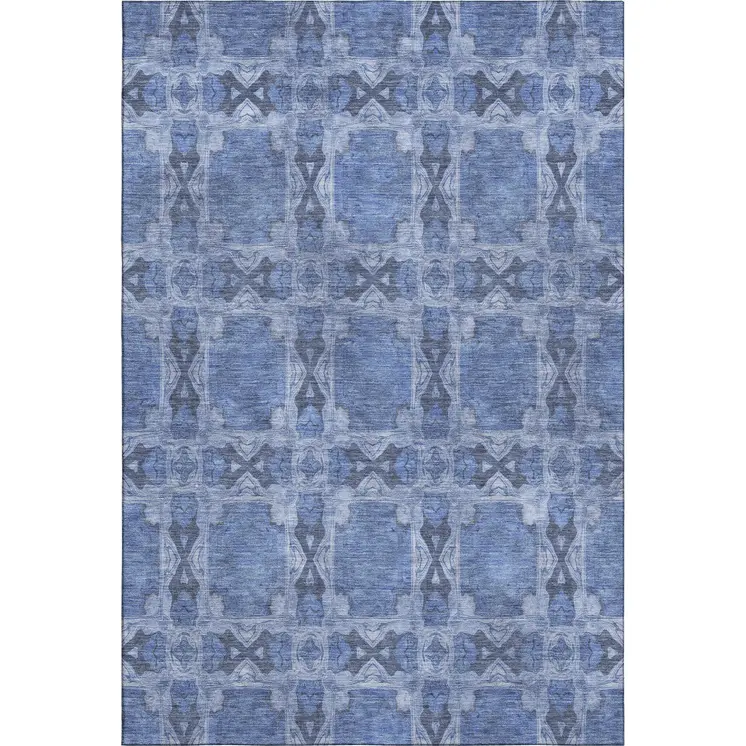 8' X 10' Denim Blue And Ivory Floral Medallion Washable Area Rug With UV Protection