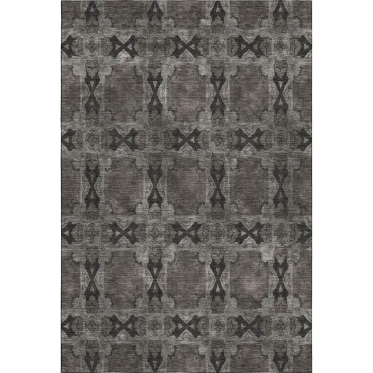 5' X 8' Gray And Charcoal Floral Medallion Washable Area Rug With UV Protection