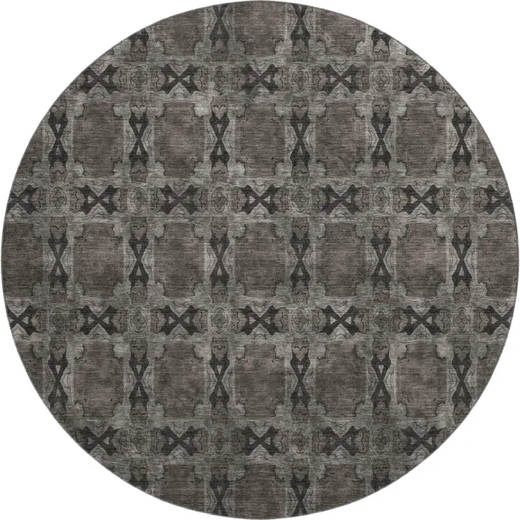 8' Gray And Charcoal Floral Medallion Washable Round Rug With UV Protection
