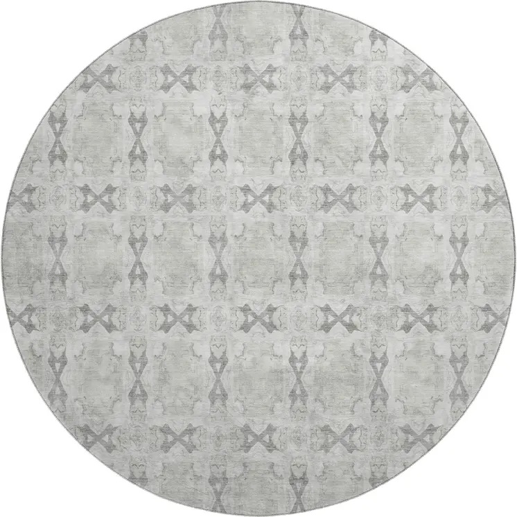 8' Ivory And Gray Floral Medallion Washable Round Rug With UV Protection