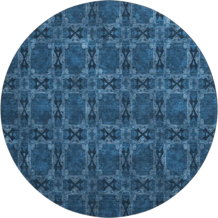 8' Navy Blue And Gray Floral Medallion Washable Round Rug With UV Protection
