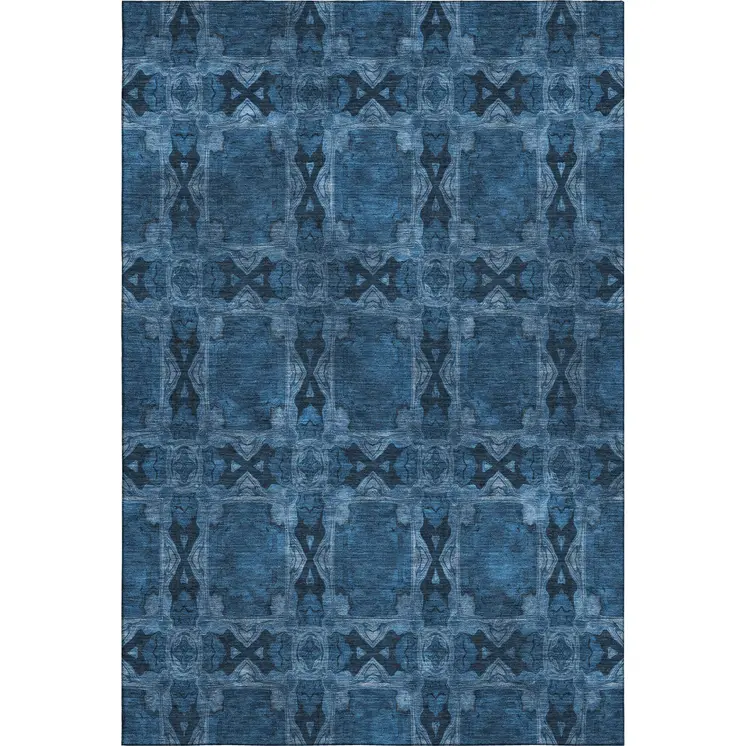 8' X 10' Navy Blue And Gray Floral Medallion Washable Area Rug With UV Protection