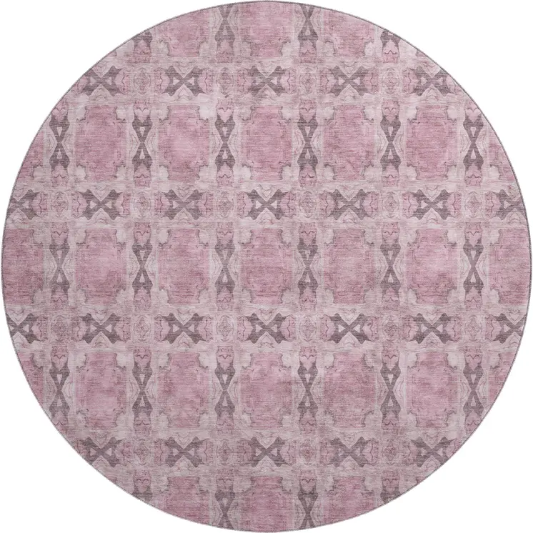 8' Pink And Gray Floral Medallion Washable Round Rug With UV Protection