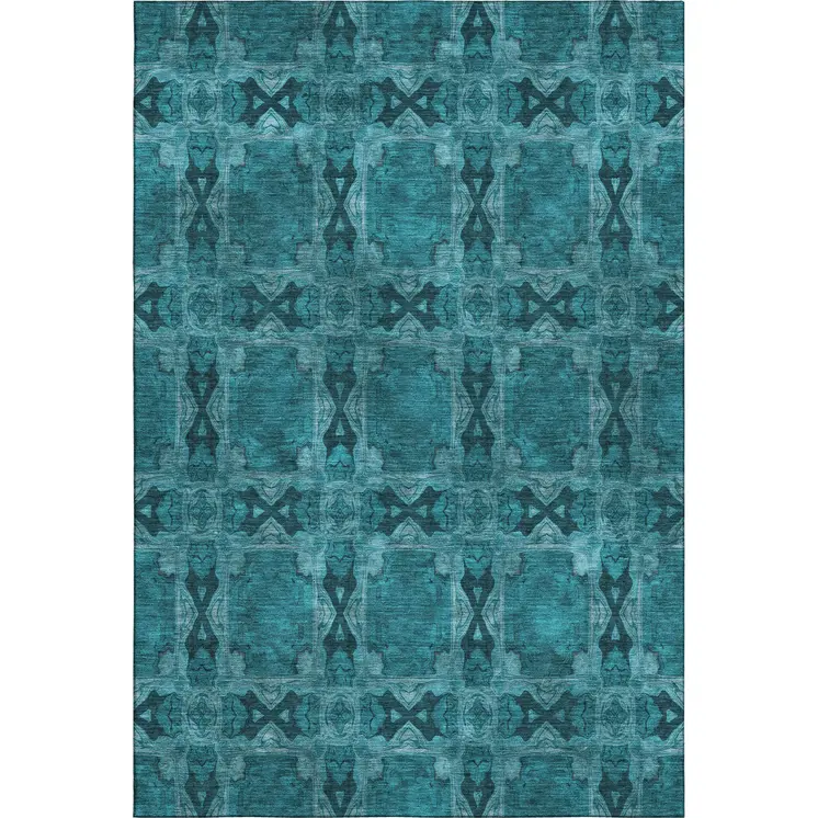 8' X 10' Teal And Gray Floral Medallion Washable Area Rug With UV Protection
