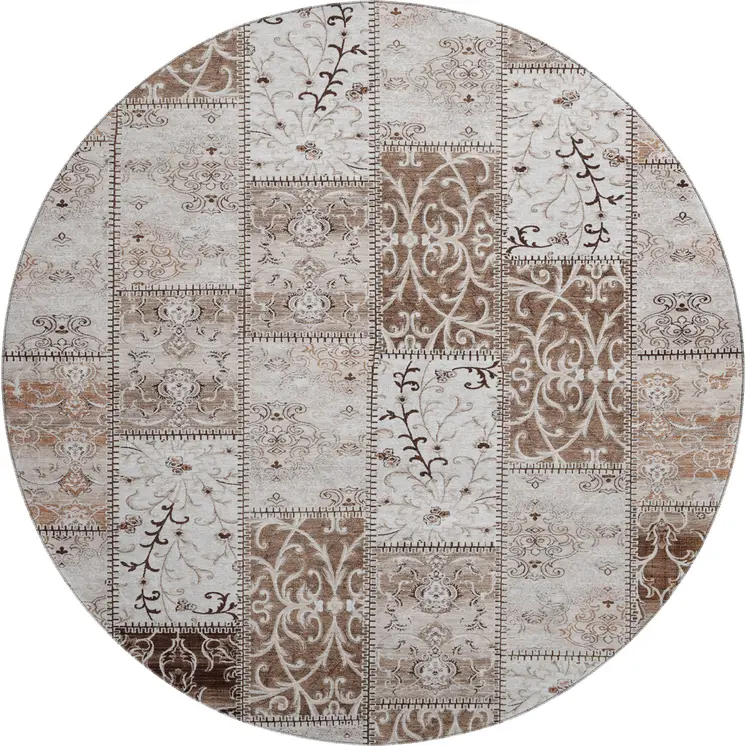 8' Beige And Ivory Patchwork Washable Round Rug With UV Protection