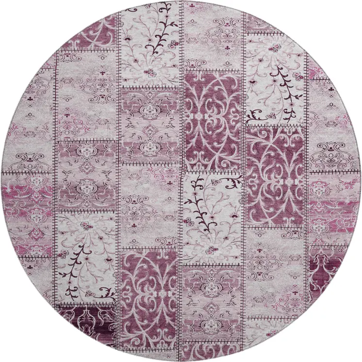 8' Burgundy And Ivory Patchwork Washable Round Rug With UV Protection