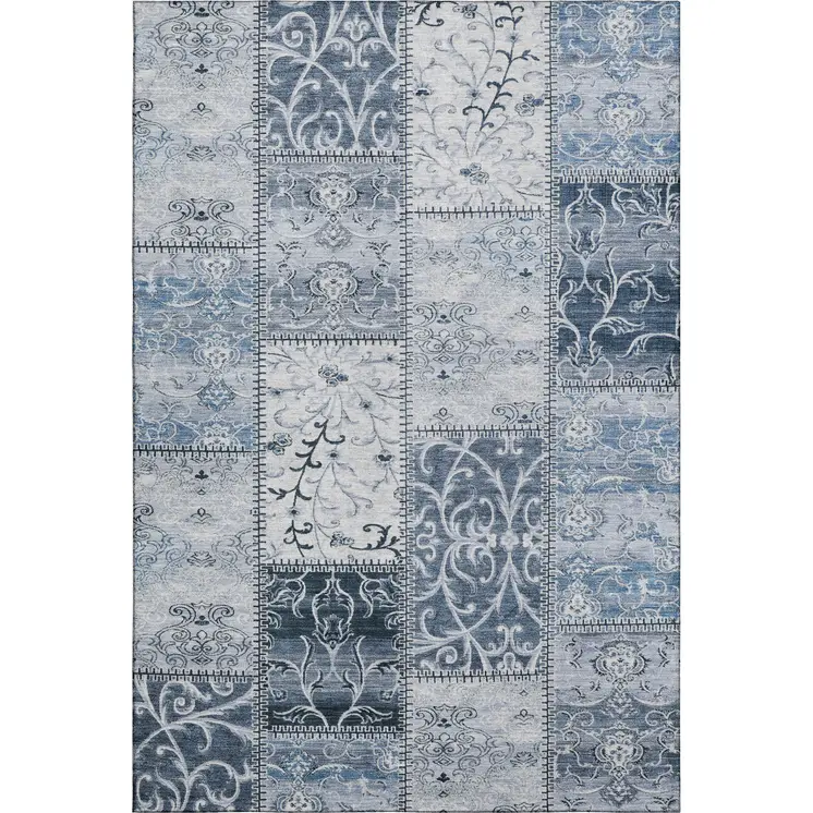 10' X 14' Denim Blue And Ivory Patchwork Washable Area Rug With UV Protection