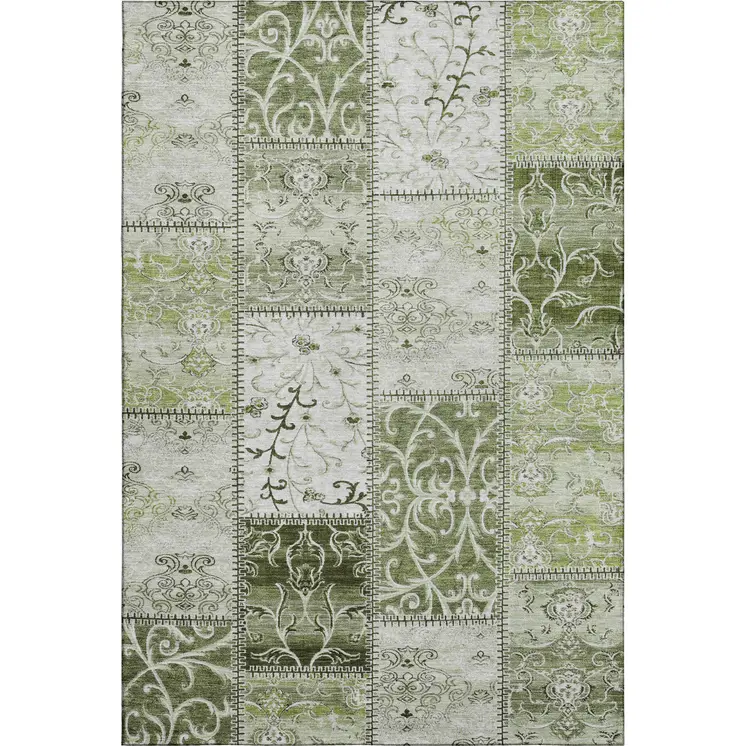 9' X 12' Green And Ivory Patchwork Washable Area Rug With UV Protection