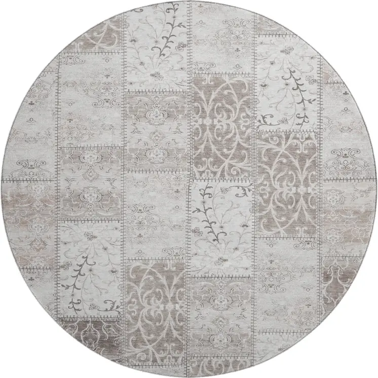8' Taupe And Ivory Patchwork Washable Round Rug With UV Protection