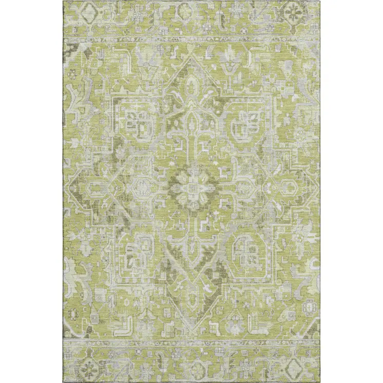 9' X 12' Fern Green And Ivory Oriental Washable Area Rug With UV Protection