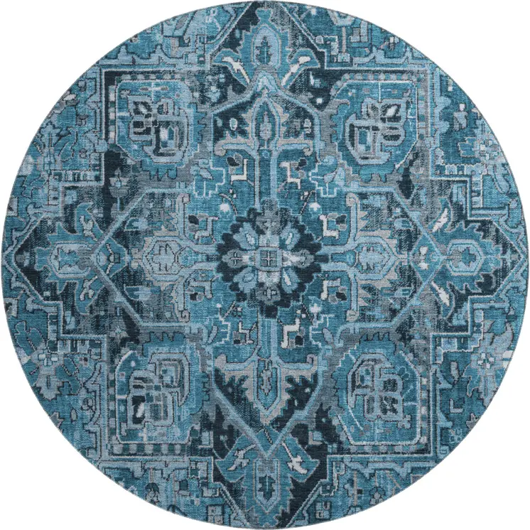 8' Blue And Ivory Oriental Washable Round Rug With UV Protection