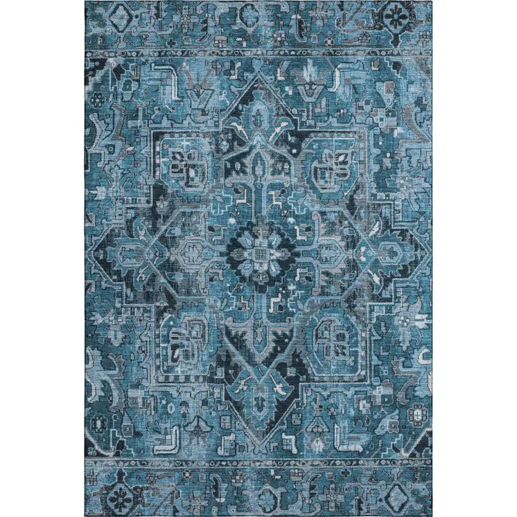 10' X 14' Blue And Ivory Oriental Washable Area Rug With UV Protection
