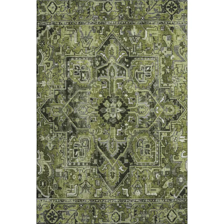 3' X 5' Olive Green Gray And Ivory Oriental Washable Area Rug With UV Protection