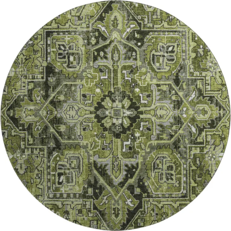 8' Olive Green Gray And Ivory Oriental Washable Round Rug With UV Protection