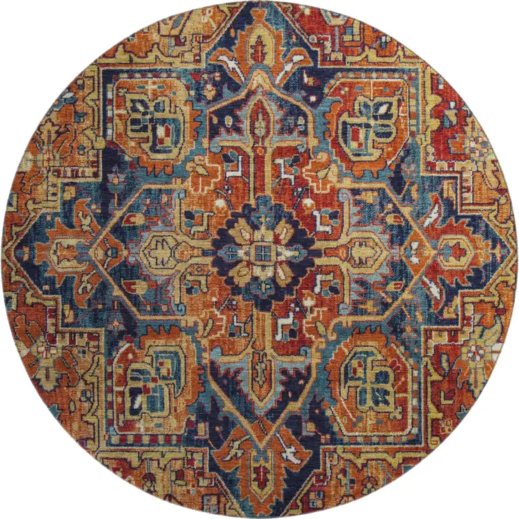 8' Rust Blue And Gold Oriental Washable Round Rug With UV Protection