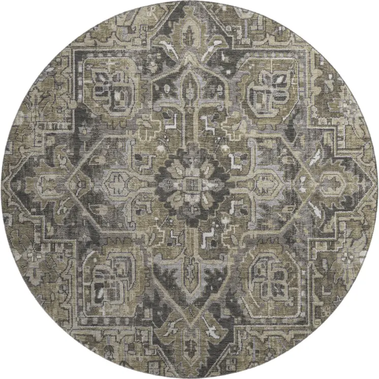 8' Taupe Ivory And Gray Oriental Washable Round Rug With UV Protection