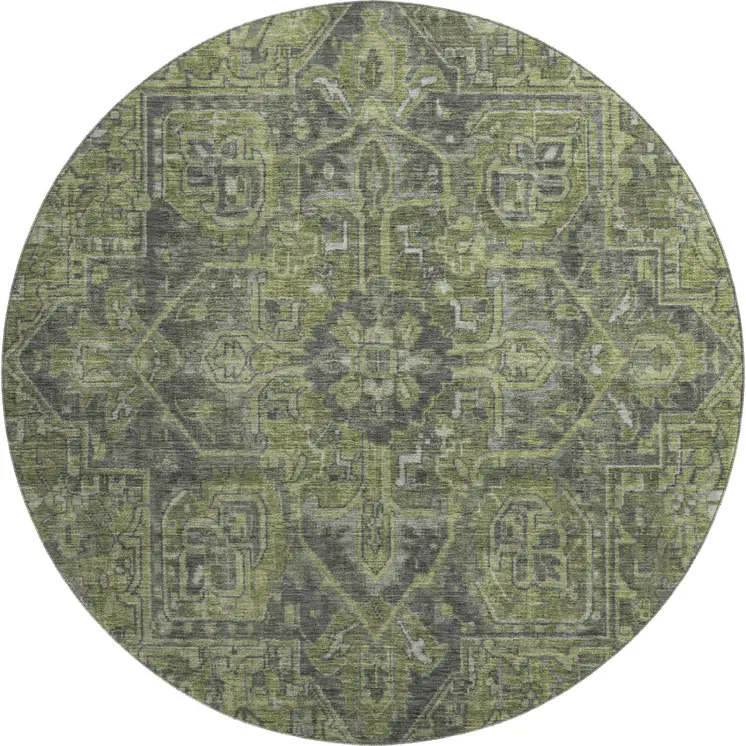 8' Green And Gray Oriental Washable Round Rug With UV Protection