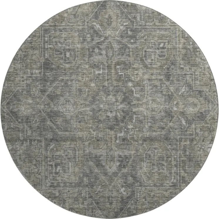 8' Coffee And Gray Oriental Washable Round Rug With UV Protection