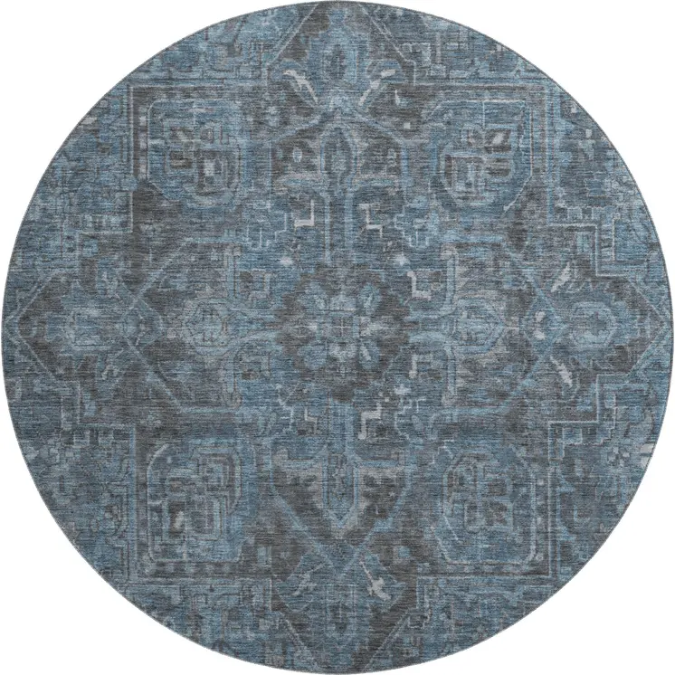 8' Navy Blue And Gray Oriental Washable Round Rug With UV Protection