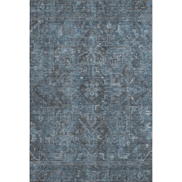 10' X 14' Navy Blue And Gray Oriental Washable Area Rug With UV Protection