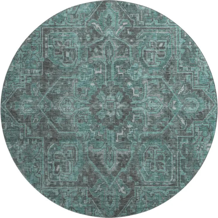 8' Turquoise Gray And Ivory Oriental Washable Round Rug With UV Protection