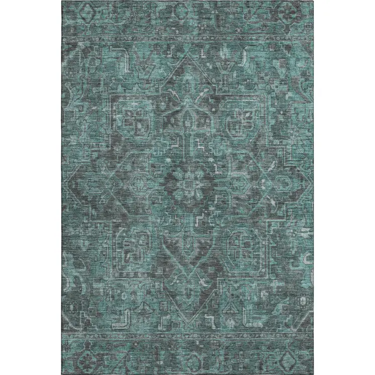 9' X 12' Turquoise Gray And Ivory Oriental Washable Area Rug With UV Protection