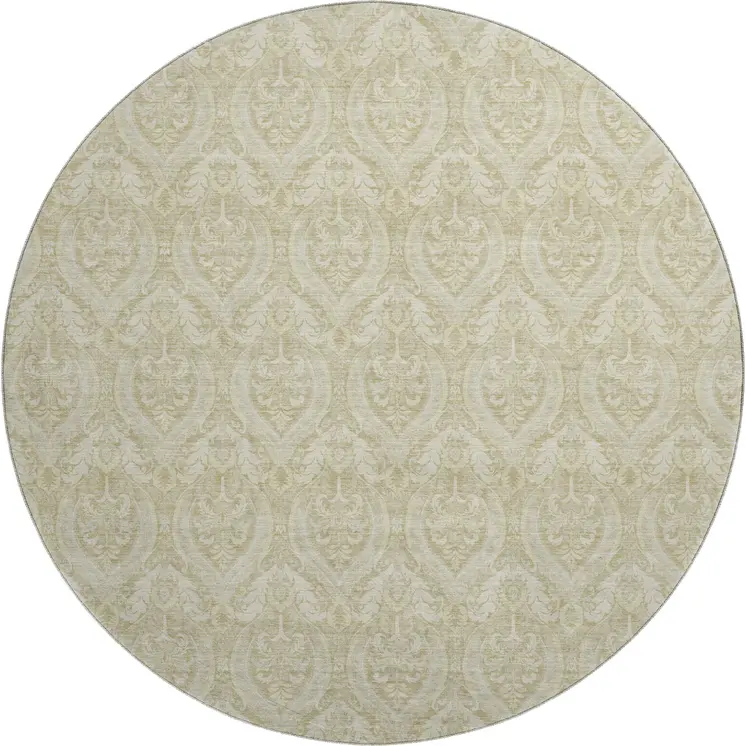 8' Beige And Ivory Floral Washable Round Rug With UV Protection