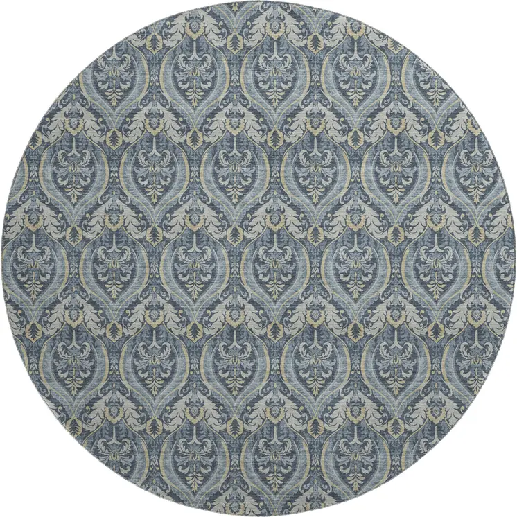 8' Blue And Ivory Floral Washable Round Rug With UV Protection