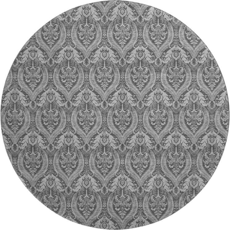 8' Gray And Ivory Floral Washable Round Rug With UV Protection