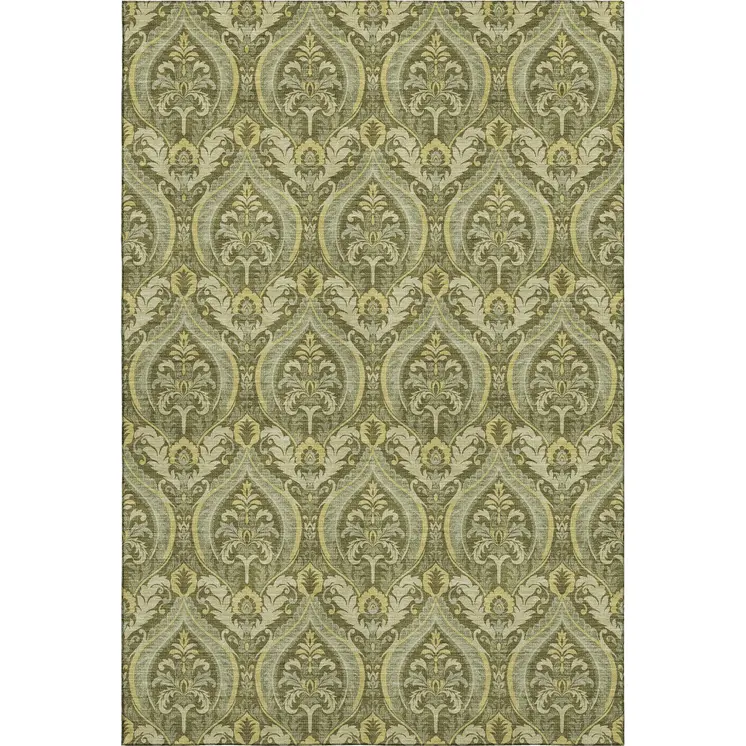5' X 8' Green And Ivory Floral Washable Area Rug With UV Protection