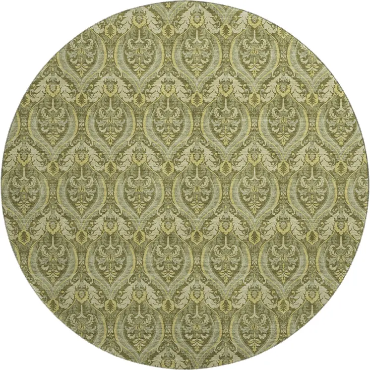 8' Green And Ivory Floral Washable Round Rug With UV Protection