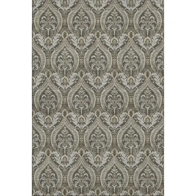 9' X 12' Taupe And Ivory Floral Washable Area Rug With UV Protection