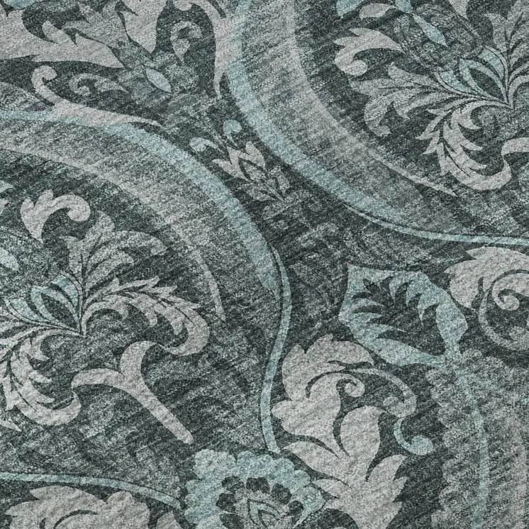 8' X 10' Teal And Ivory Floral Washable Area Rug With UV Protection