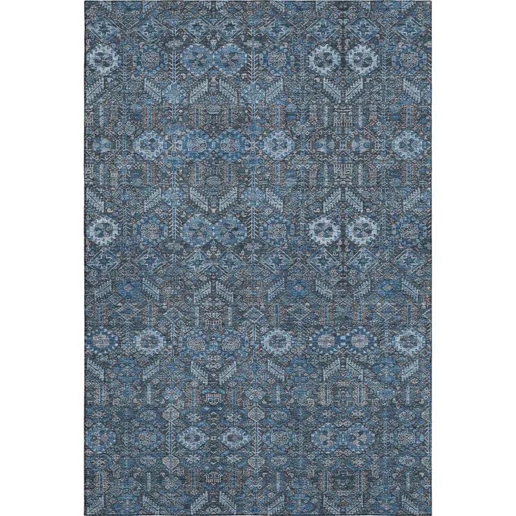 9' X 12' Blue And Ivory Tribal Washable Area Rug With UV Protection