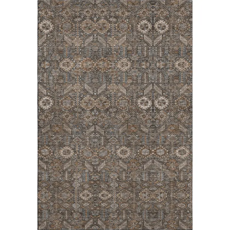 9' X 12' Chocolate And Gray Tribal Washable Area Rug With UV Protection
