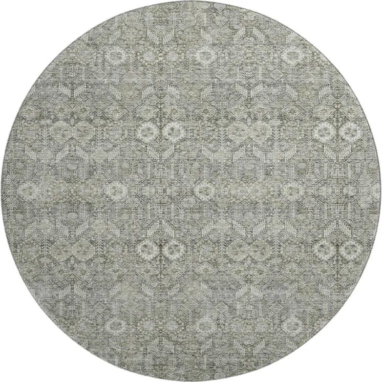 8' Gray And Ivory Tribal Washable Round Rug With UV Protection