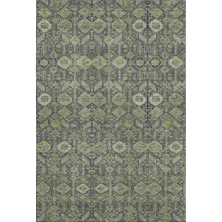10' X 14' Green Gray And Ivory Tribal Washable Area Rug With UV Protection