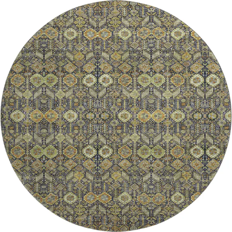 8' Rust Green And Gray Tribal Washable Round Rug With UV Protection