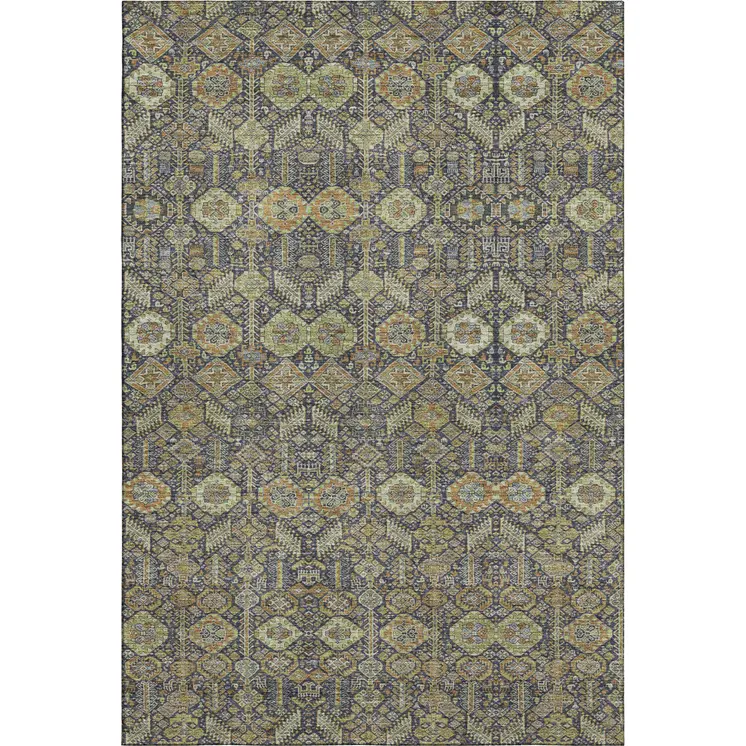 9' X 12' Rust Green And Gray Tribal Washable Area Rug With UV Protection