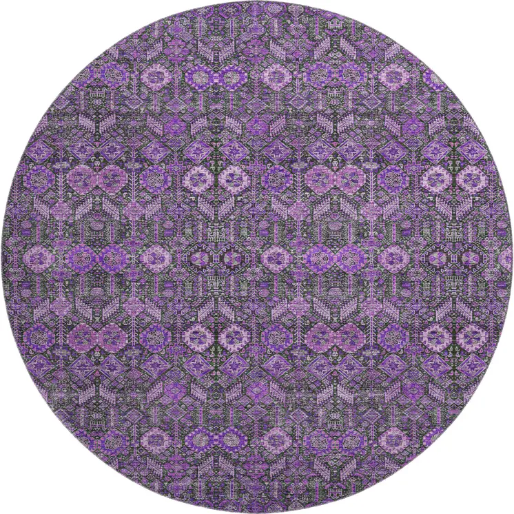 8' Purple And Ivory Tribal Washable Round Rug With UV Protection
