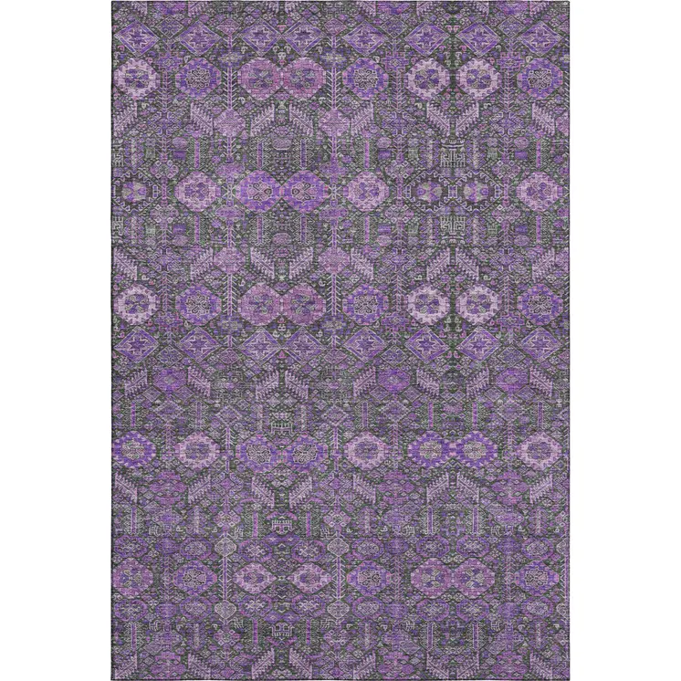 9' X 12' Purple And Ivory Tribal Washable Area Rug With UV Protection