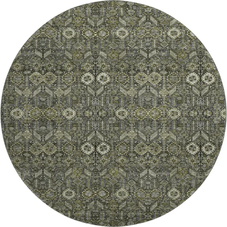 8' Taupe And Gray Tribal Washable Round Rug With UV Protection