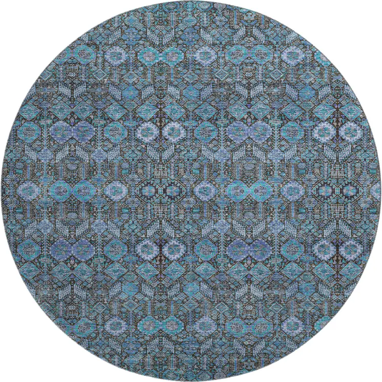 8' Teal And Gray Tribal Washable Round Rug With UV Protection