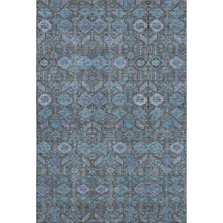 8' X 10' Teal And Gray Tribal Washable Area Rug With UV Protection
