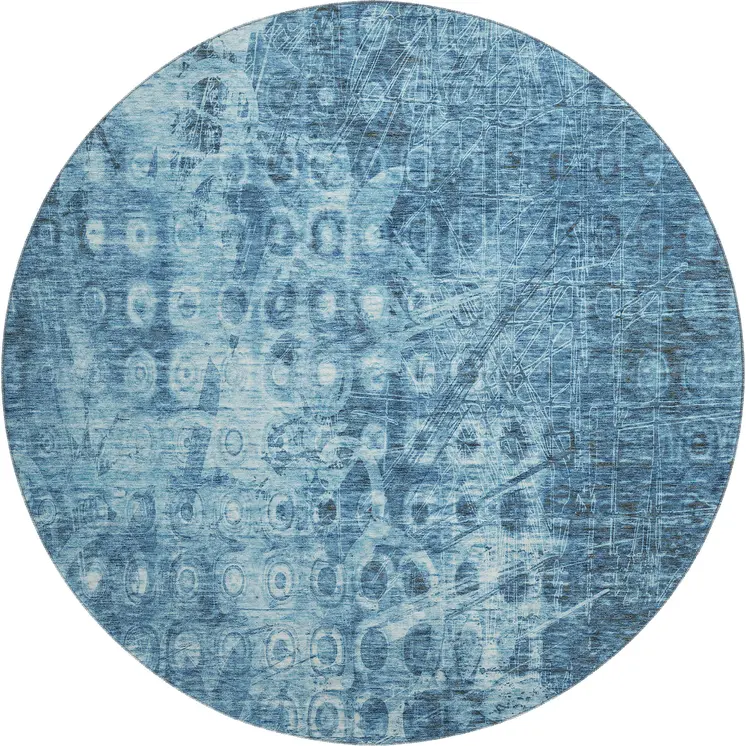 8' Blue And Ivory Ikat Washable Round Rug With UV Protection